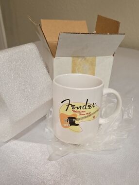 Fender White Mug with Yellow and Orange Telecaster Guitar Graphic